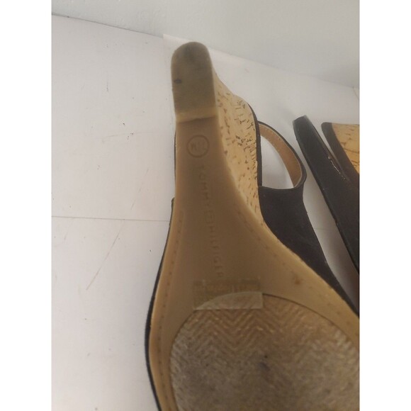 Tommy Hilfiger Black Canvas Cork Wedge Peeptoe Sandals Size 7.5 - Picture 7 of 7
